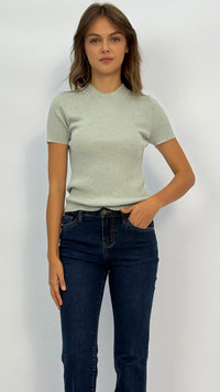Mona Sage Green Mock-neck Ribbed Top