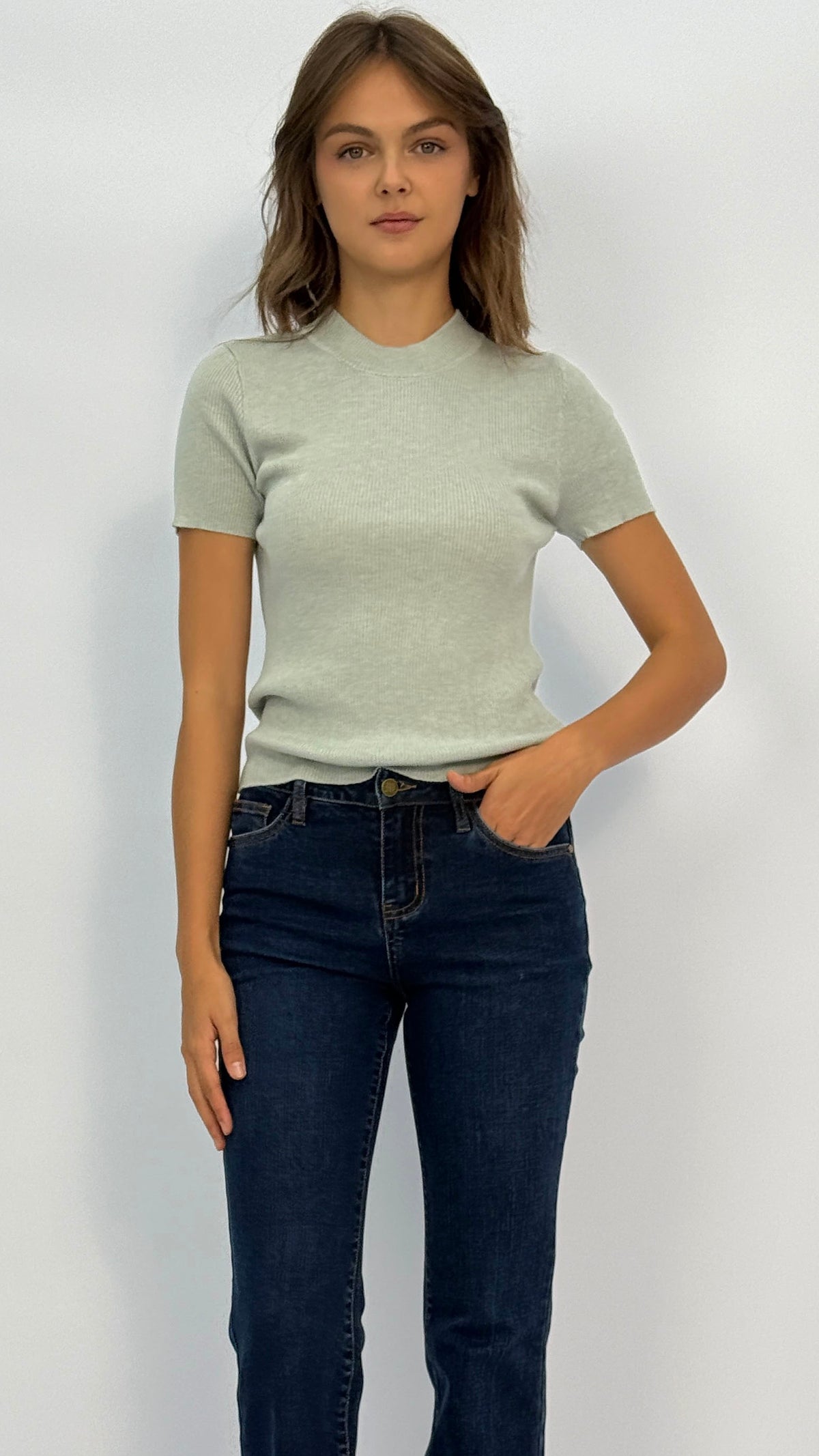 Mona Sage Green Mock-neck Ribbed Top