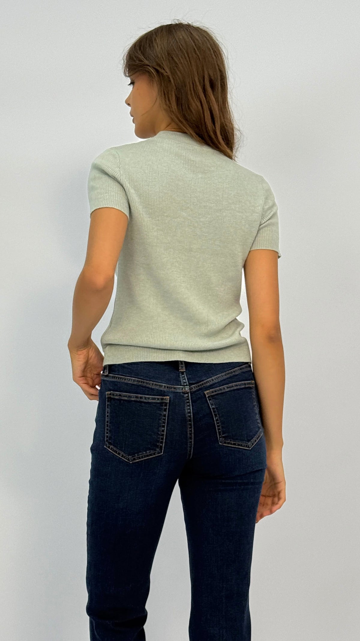 Mona Sage Green Mock-neck Ribbed Top