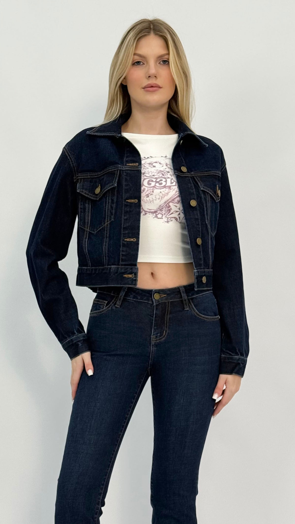 Eva Cropped Dark Wash Denim Jacket