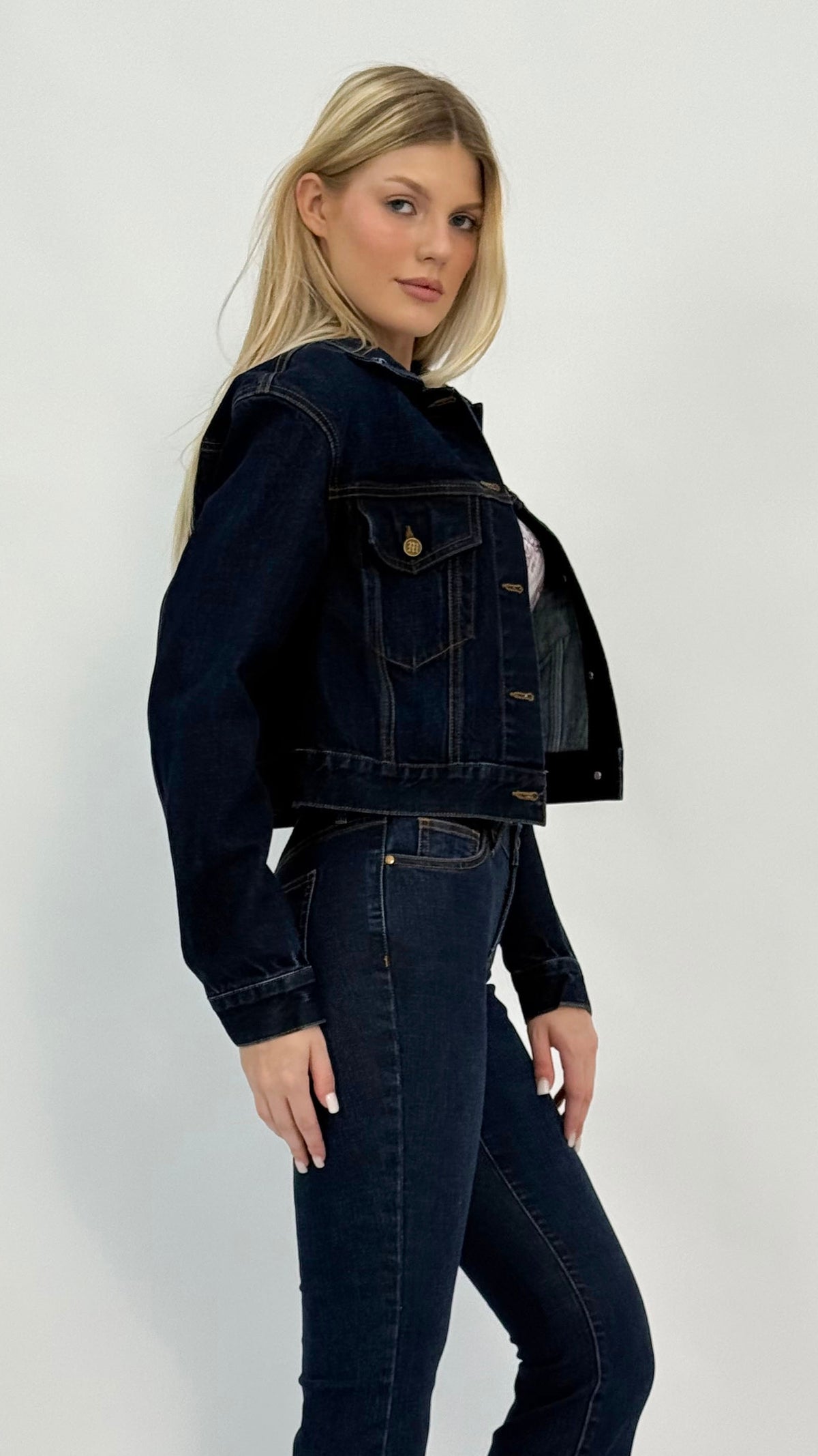 Eva Cropped Dark Wash Denim Jacket