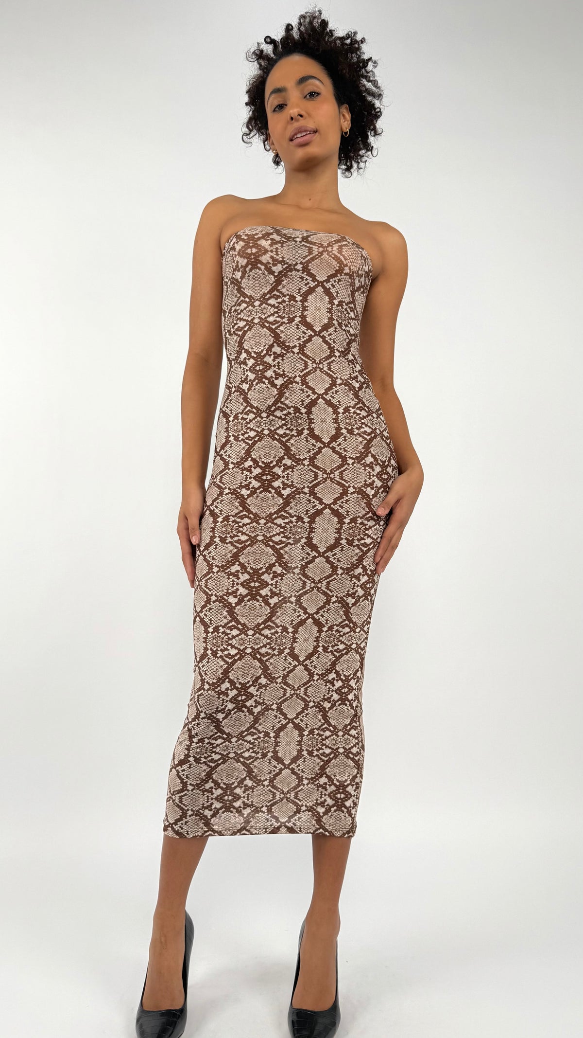 Strapless Snake Print Midi Dress