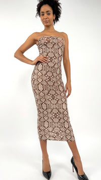 Strapless Snake Print Midi Dress