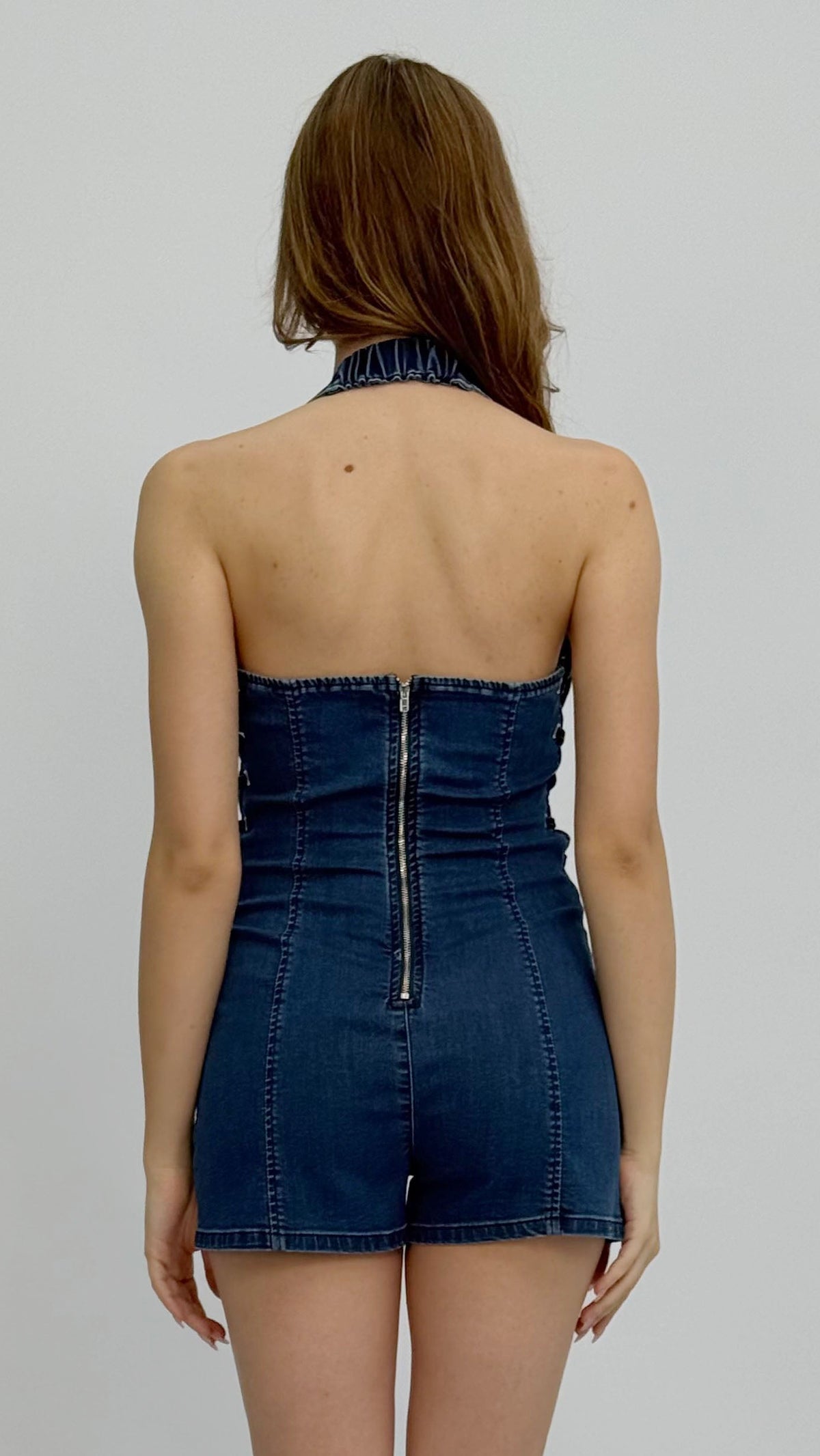 Lace-Up Halter Denim Romper