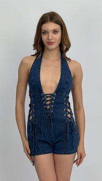 Lace-Up Halter Denim Romper