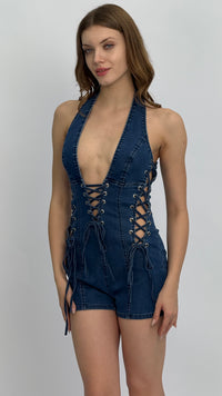 Lace-Up Halter Denim Romper