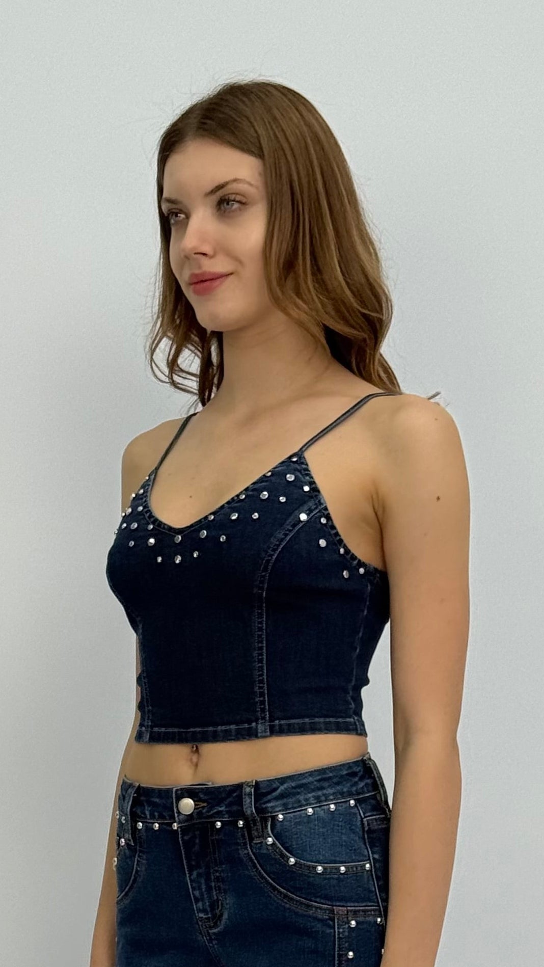 Mel Studded Crop Denim Top