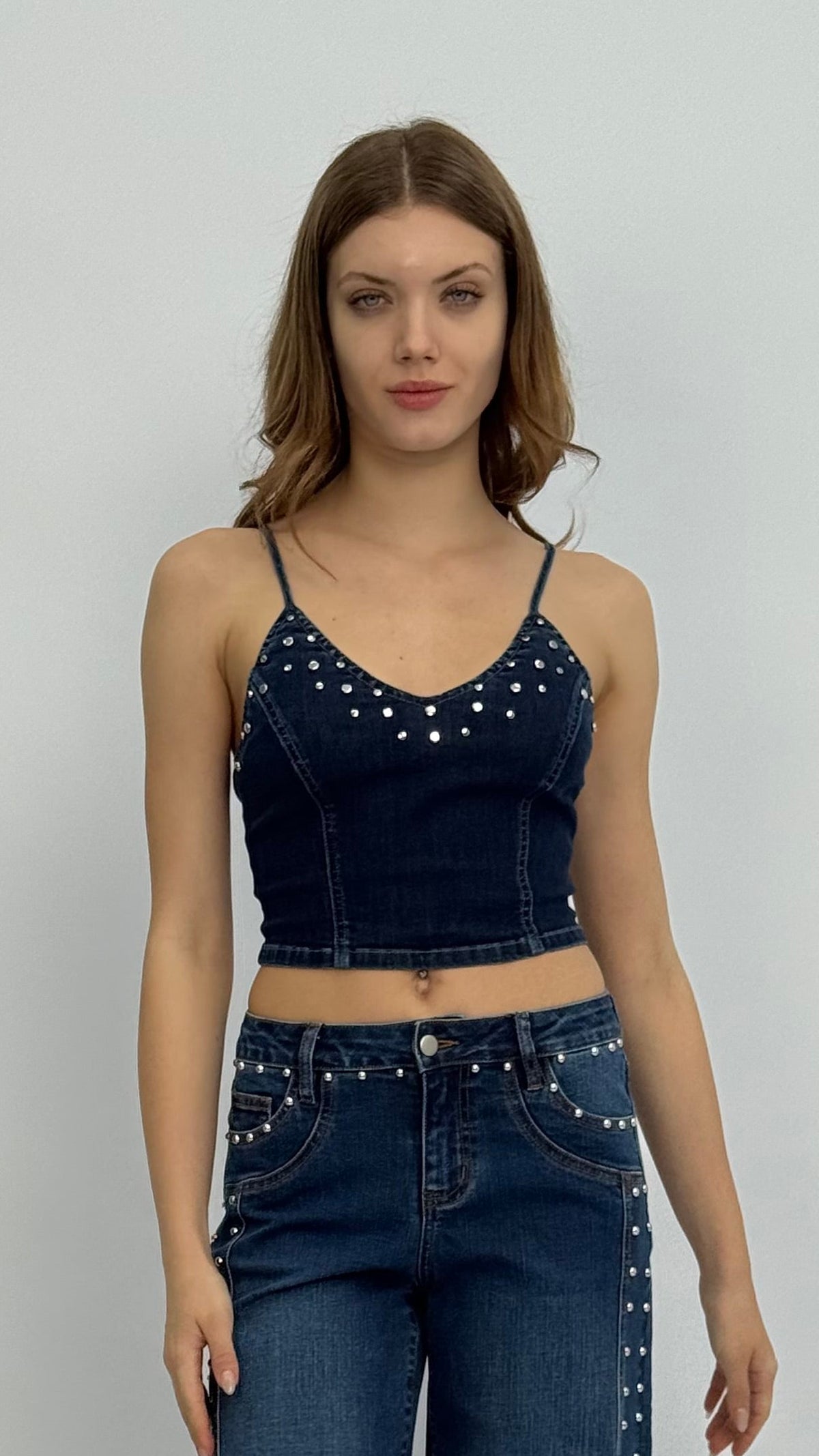 Mel Studded Crop Denim Top
