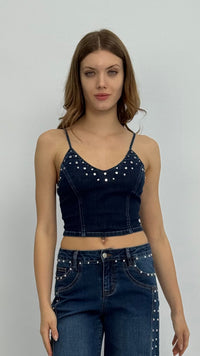 Mel Studded Crop Denim Top