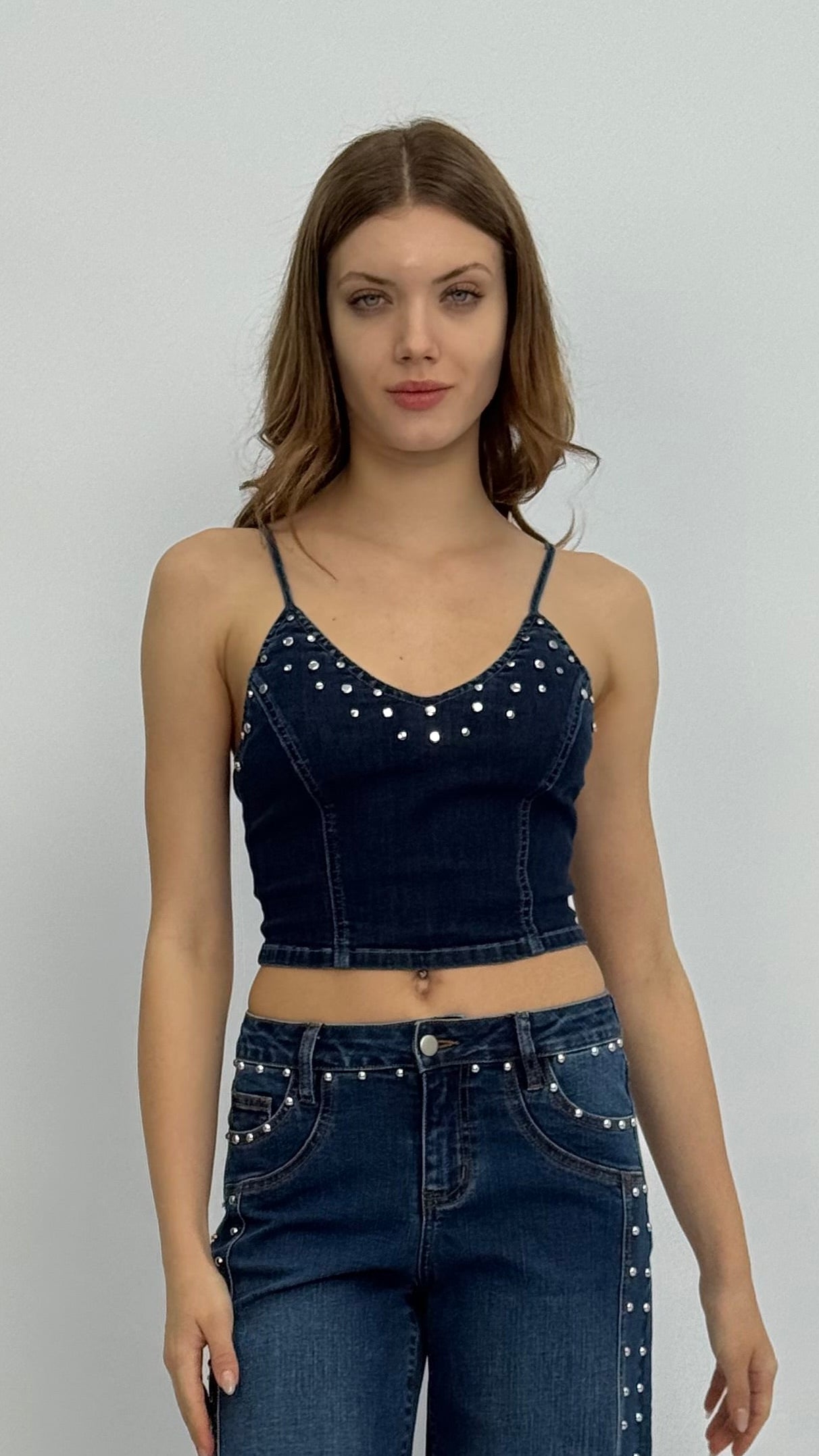 Mel Studded Crop Denim Top